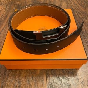 HERMES Reversible Leather Belt w/ Silver Buckle